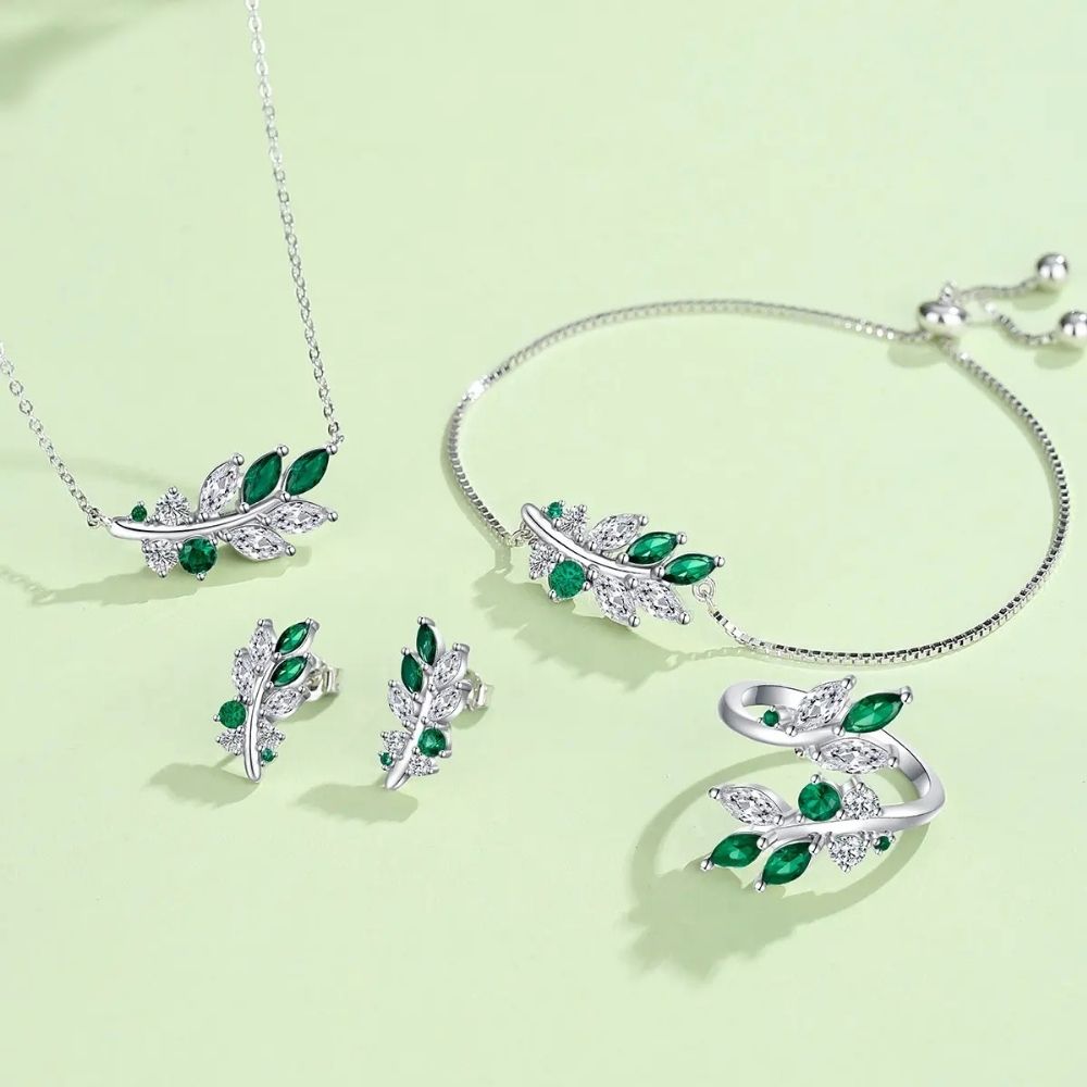 Kristal Taşlı Yeşil Yaprak Set (Altın Kaplama) - N02315set Görseli